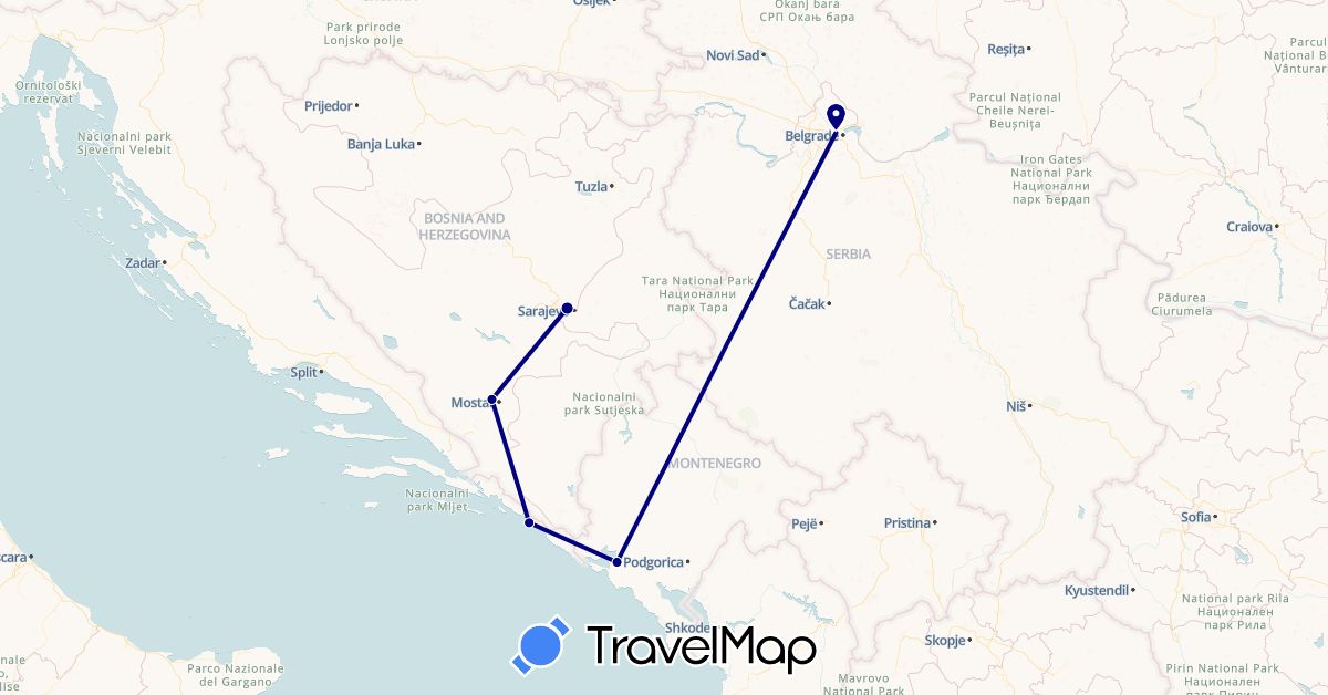 TravelMap itinerary: driving in Bosnia and Herzegovina, Croatia, Montenegro, Serbia (Europe)